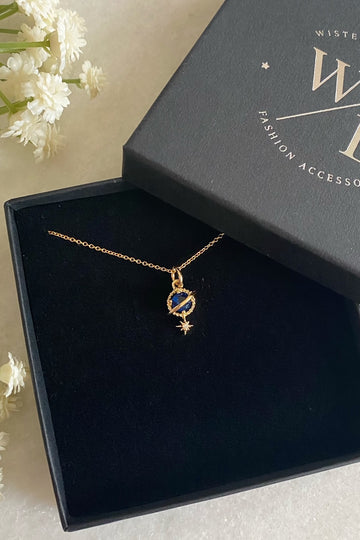Orion Navy Planet and Star Necklace Wisteria London